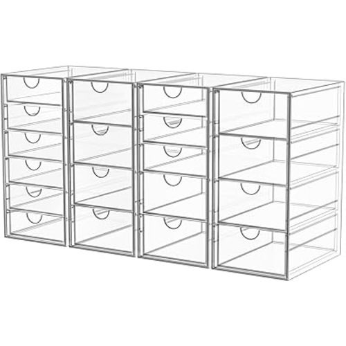 Acrylic Makeup Organizer with 19 Drawers, 4 Pack Clear Storage Drawers, Bathroom Makeup Organizer for Palettes, Cosmetic, and Beauty Supplies,Ideal for Vanity, Cabinet,Desk Organization