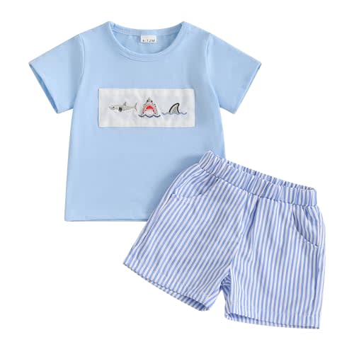 fhutpw Baby Toddler Boy Summer Clothes Embroidery Pattern Short Sleeve Tops & Casual Shorts 6 12 18 Months Outfits Sets