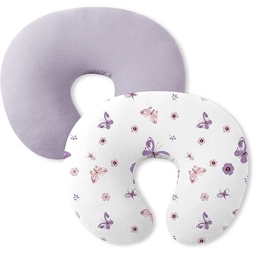 Little Grape Land Nursing Pillow Covers 2 Pack for Baby, Soft 100% Cotton Covers for Breastfeeding Pillows, Breathable Muslin Purple Butterfly Nursing Pillow Cases Fit Standard Nursing Pillows
