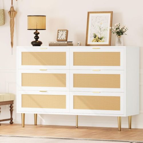Rattan 6 Drawer Dresser, Wide Double Dresser with Gold Handles & Legs, Modern Chest with Large Storage for Bedroom or Living Room