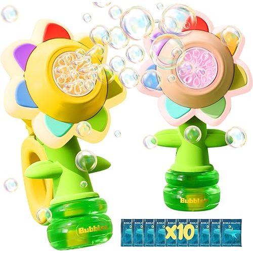 2 Pack Rechargeable Flower Bubble Guns for Kids W/LED Lights & 10 Refill Solutions, Fun Swing Dance Bubble Maker Machine Blower Blaster Toys,Outdoor Summer Play, Easter, Birthday Party Favors & Gifts