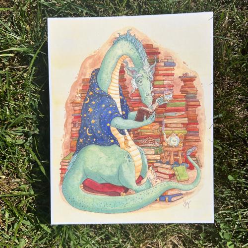 The Book Wyrm 11x14 Print | Dragon Library Illustration Print