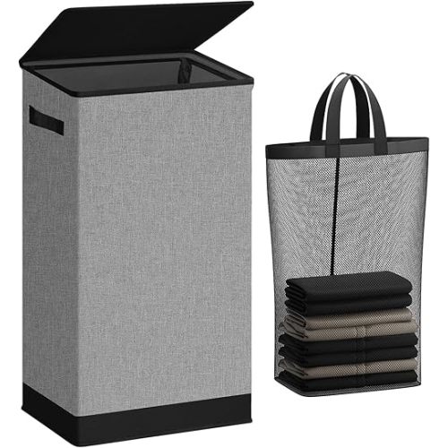 SOLEDI Laundry Hamper with Lid 100L Large & Tall Collapsible Laundry Basket, Clothes Hamper with Bag Removable Easy to Carry, Dirty Hampers for Bedroom, Bathroom, Dorm, College, Grey