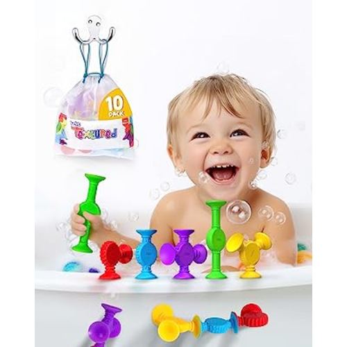BUNMO Textured Suction Bath Toys 10pcs | Connect, Build, Create | No Mold Bath Toy | Hours of Fun & Creativity | Baby Easter Basket Stuffers | Easter Basket Stuffers for Babies | Baby Easter Gifts