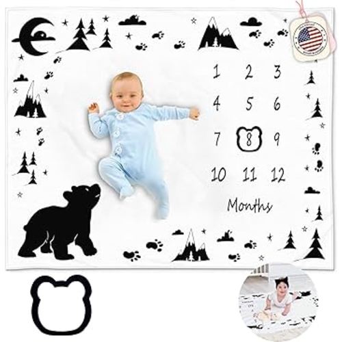 Bear Baby Milestone Blanket for Boys, Includes Felt Frame, 50x40