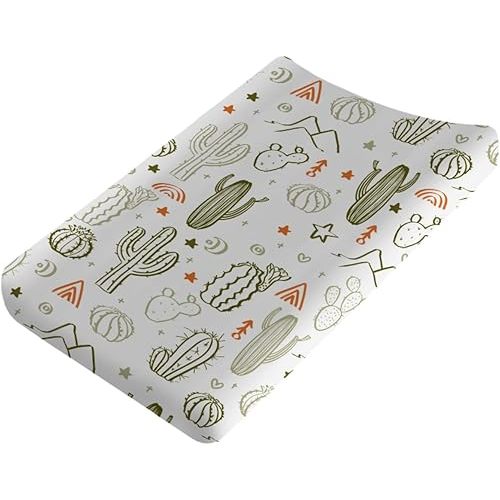 Boho Sunrise Cactus Baby Changing Pad Covers for Boy Girl 32''x16'' Western Cactus Desert Southwest Mountains Sun Rainbow Fitted Diaper Change Table Mats Soft Breathable Nursery Changing Table Sheets