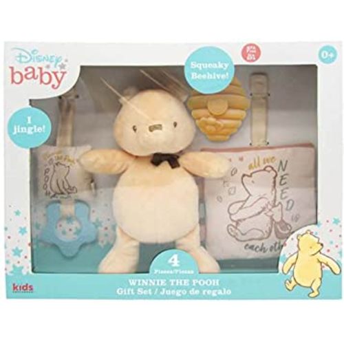 KIDS PREFERRED Classic Pooh 4 Piece Set with Pooh Stuffed Animal, Squeaker Toy, Crinkle Square, and Teether