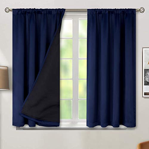BGment Blackout Curtains for Bedroom 45 Inch Length, Rod Pocket 100% Blackout Curtains with Thermal Liner Room Darkening Curtains for Living Room, Each Window Curtain 2 Panels, 42 x 45 Inch, Navy Blue