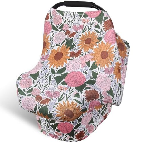 Rquite Baby Car Seat Cover, Floral Carseat Cover Girls Boy, Breathable Nursing Cover for Breastfeeding, Stretchy Infant Car Seat Cover, Multi Use Car Seat Canopy Baby Carrier Cover Stroller Covers - Carnation Sunflower
