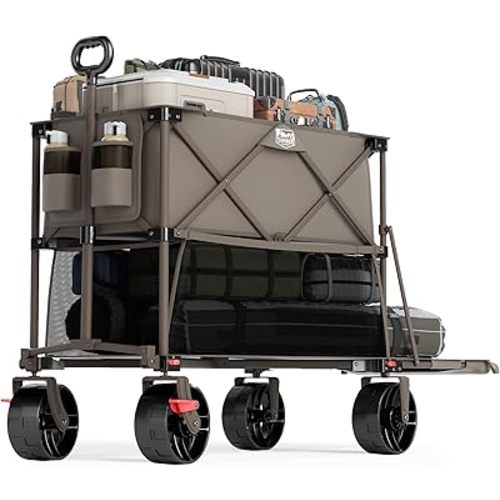 TIMBER RIDGE 400L Large Capacity Folding Double Decker Wagon with Brakes, 54" Extra Long Extender Wagon Cart, 450lbs Heavy Duty Collapsible Cart, All-Terrain Big Wheels for Camping, Sports, Shopping