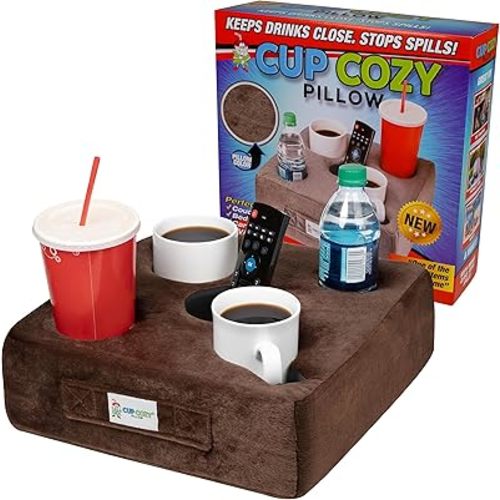 The ORIGINAL Cup Cozy Pillow Gray-As Seen on TV-The World's Best Couch/Bed/Car Cup Holder for Drinks/Snacks/Remotes! (Brown, 5 Hole)