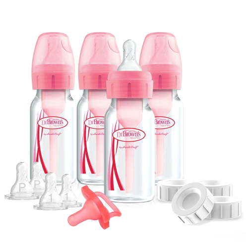 Dr. Brown’s® Natural Flow Anti-Colic Options+ Narrow Breast to Bottle Pump & Store Feeding Set with Slow Flow Nipples, Baby Bottle Travel Caps and 100% Silicone HappyPaci™ One-Piece Pacifier, Pink, 4 oz