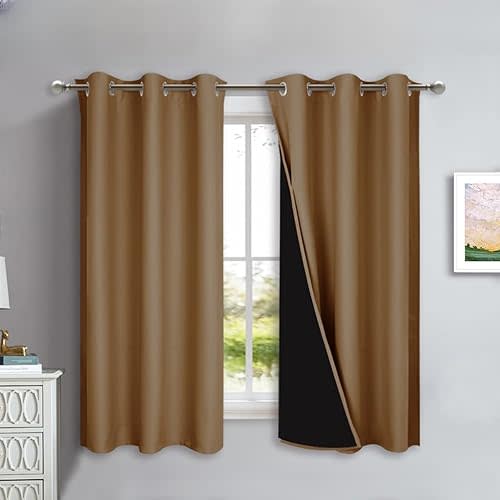 NICETOWN 100% Blackout Lined Curtains, Gold Brown, 1 Pair, 42" Width x 63" Length Each Panel, 2 Thick Layers Completely Blackout Window Treatment Panels Thermal Insulated Drapes for Kitchen
