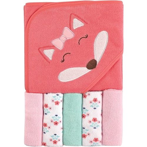 Luvable Friends Unisex Baby Hooded Towel with Five Washcloths, Cotton, Girl Fox, One Size