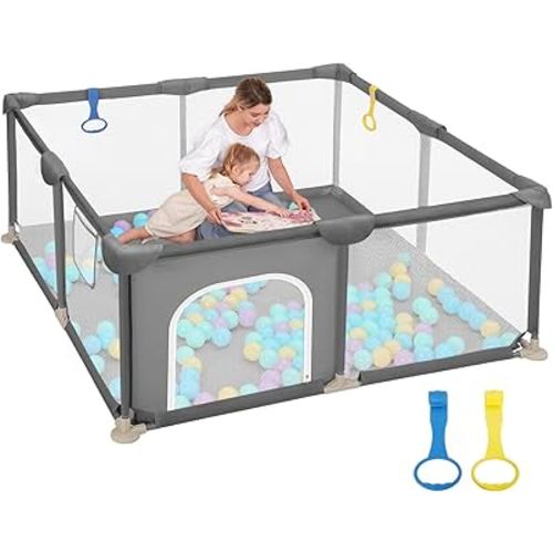 Dripex Baby Playpen, 48"×48" Play Pens for Babies and Toddlers, Safe Anti-Fall Play Yard with Gates, Baby Fence with Breathable Mesh, Indoor & Outdoor Kids Activity Center, Anchor Grey