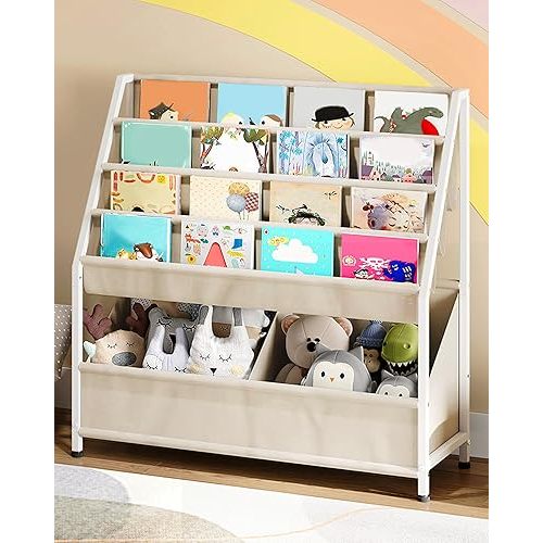 Kids Bookshelf and Toy Storage, 4-Tier Sling Bookshelf for Kids, Large Capacity Book Organizer, Toddler Bookshelf for Kids Room, Nursery, Playroom, Beige TCW09WM