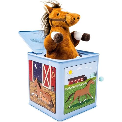 Jack Rabbit Creations: Rosie The Racehorse - Classic Music Jack in The Box Toy, Plush Brown Horse, Side Crank Plays Song, Surprise Pop-Up, Kids Age 3+