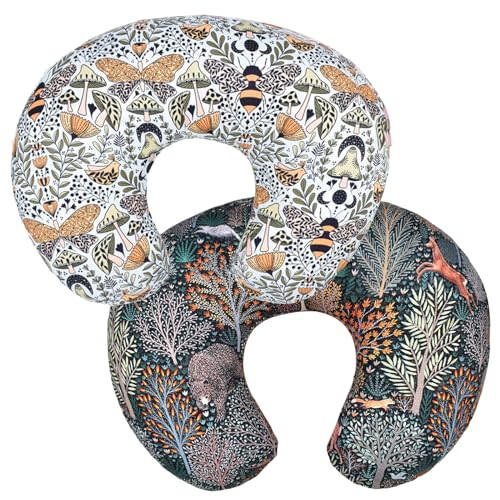 Winmany 2 Pack Baby Nursing Pillow Cover Newborn U-Shaped Breastfeeding Pillowcase Cushion Cover Stretchy Replaceable Forest&Floral Pillow Cover Slipcover 22.5x20