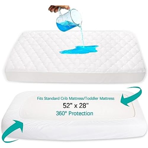 Crib Mattress Protector Sheets Fitted Waterproof Crib Mattress Pad Cover, Noiseless & Machine Wash 100% Absorbent Crib/Toddler Mattress Protector Sheet Quilted, White, 52" x 28"