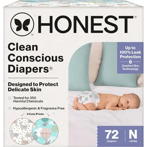 The Honest Company Comfort Dry Disposable Diapers for Sensitive Skin, Hypoallergenic, Above It All + All The Alpacas, Club Box Size Newborn 72 Count