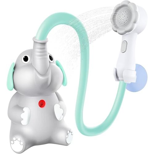 Baby Bath Shower Head for Kids Ages 1-3 Essentials, EDCREATY Rechargeable Cute Elephant Sprays Bathtub Toys with Rubber Hose Spout for 0 6 12 18 Months Babies Toddlers Infants Boys and Girls(Cyan)