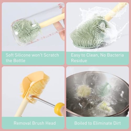Baby Bottle Brush, VOOWO Telescopic Silicone Bottle Brush for Cleaning with Long Handle, Water Bottle Cleaner Brush with Nipple & Straw Cleaner, Included Towel (Green Telescopic Brush & Stand)