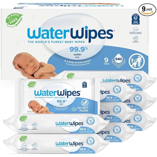 WaterWipes Plastic-Free Original-baby Wipes, 99.9% Water Based Wipes, Unscented & Hypoallergenic for Sensitive Skin, 60 Count (Pack of 9) Total 540 wipes, Packaging May Vary