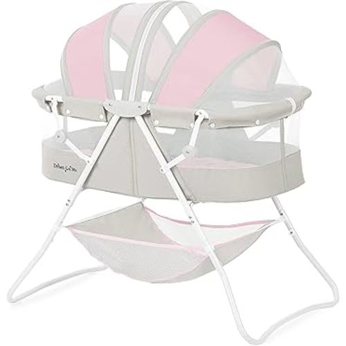 Dream On Me Karley Baby Bassinet in Grey and Pink, Lightweight Portable, Quick Fold and Easy to Carry , Adjustable Double Canopy, Indoor and Outdoor with Large Storage Basket.