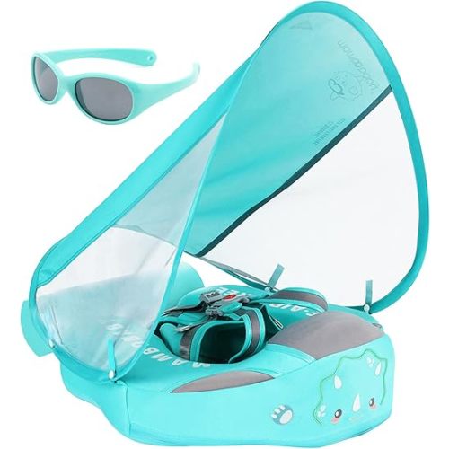 Mambobaby Newest Non Inflatable Baby Float Size Improved Add Tail Avoid Flip Over Swim Trainer Solid Infant Pool Float with Canopy UPF 50+ Swim Ring