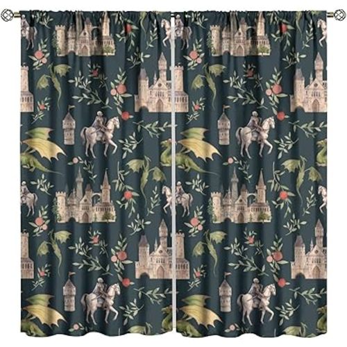 Dragon Curtains, Magical Medieval Castle Dragon Knights and Floral Pattern Window Treatments, Fairy Tale Print Blackout Drapes 2 Panel Set for Living Room Bedroom Kitchen21 W X 45"" L, Style-4