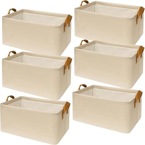 SNWDN 6 Pack Closet Cloth Storage Bins for Shelves, Medium Storage Baskets for Shelves, Fabric Bins for Closet organization with Handles（ Beige 15''L x 10.2''W x 7.5''H）