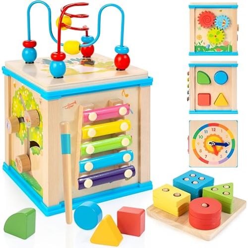 Wooden 7-in-1 Activity Cube, Montessori Toys for 1 Year Old Toddlers, Baby Educational Developmental Toys, One Year Old Boys Girls First Birthday Gifts with Bonus Sorting & Stacking Board