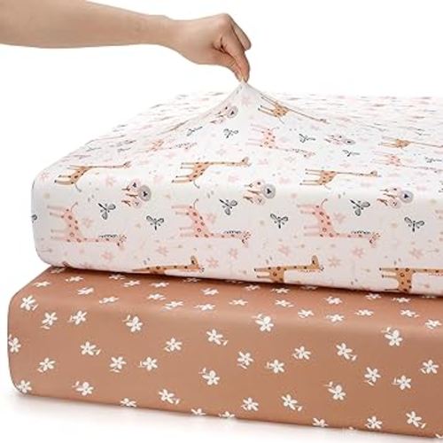 Baby Crib Sheets for Boys Girls Neutral, 2 Pack Crib Mattress Sheet for Standard Crib and Toddler Mattress, Super Soft Breathable Fitted Crib Sheet 52x28x8in (Brown Giraffe)