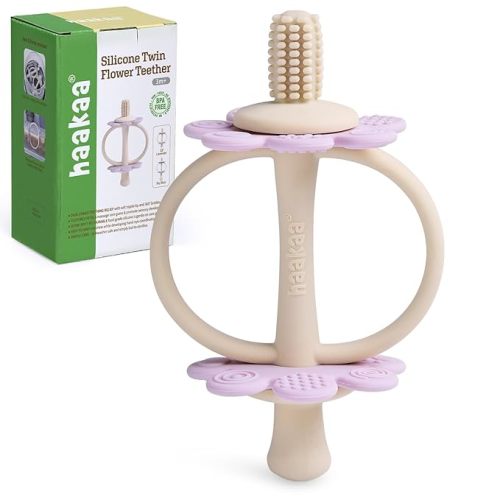 haakaa Silicone Twin Flower Teether,Nipple-Shaped End for Gum Massage,360° Baby Toothbrush Head for Self-Brushing Training,Easy to Grip - Lavender