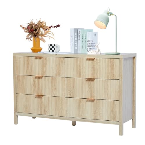 6 Drawer Dresser Cabinet, Long Nightstand with Drawers and Storage Cabinet, Boho Solid Wood Dresser TV Stand, Mid Century Modern Nightstand with 6 Drawer Dresser for Bedroom Closet (Natural)