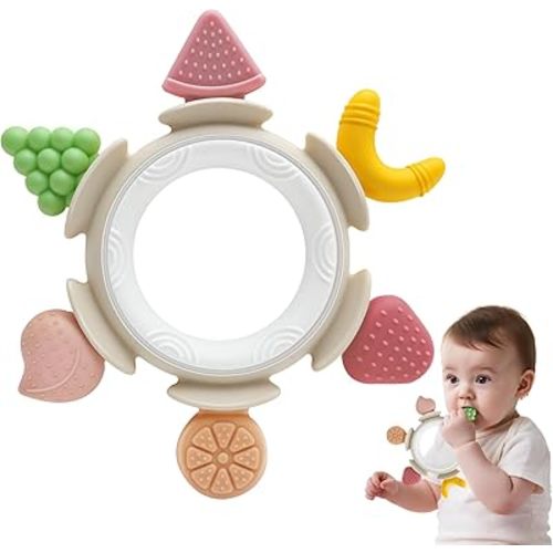 Baby Teething Ring Toy for 3-6-12 Months, Silicone Infant Teether for Sore Gum Relief, Soothing Sensory Chew Toys, Ideal Newborn Gift for Boys Girls Baby Shower, Birthday or Easter, Brown