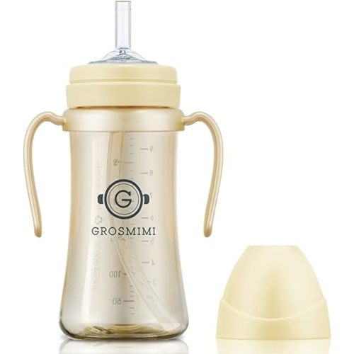 GROSMIMI Spill Proof no Spill Magic Sippy Cup with Straw with Handle for Baby and Toddlers, Customizable, PPSU, BPA Free 10 oz (Butter)