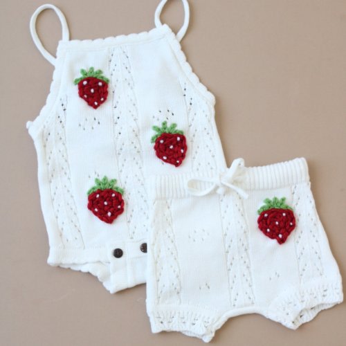 Strawberry handemrboidered knitted outfit Strawberry girl outfit Strawberry romper and shorts set