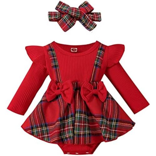 Mubineo Infant Baby Girl Christmas Plaid Overall Dress Outfits Fall Winter Ruffle Romper Headband Sets