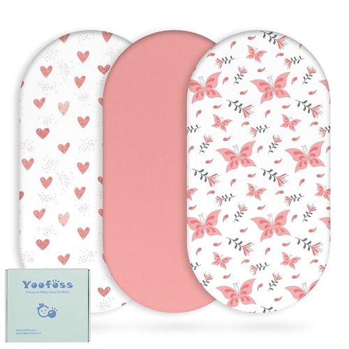 Yoofoss Bassinet Sheets for Baby,3-Pack Fitted Bassinet Sheets Set Compatible with Halo Bassinest Swivel Sleeper,Baby Delight,Angelbliss,Soft Breathable Bassinet Mattress Sheets(Pink+Butterflies)