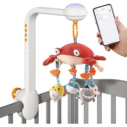 Tumama Baby Crib Mobile with Projection Night Light, Music and White Noise, Soft Plush Mirror Hanging Toys, Mute Spin Motor Nursery Toys for Infant 0-3, 6-9 Month Newborn Xmas Gift (Crab)