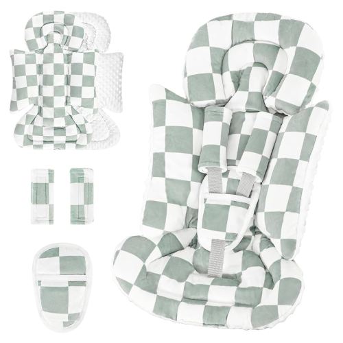 DILIMI Infant Car Seat Insert, Baby Car Seat Head Support with 3 Strap Paddings, Soft Newborn Car Seat Cushion for Stroller, Swing, Bouncers, Green Checkered