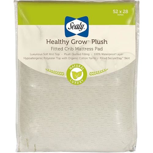Sealy Baby Healthy Grow Plush Fitted Waterproof Infant Crib Mattress Protector Pad and Toddler Bed Cover, Organic Cotton and PolyBlend Top, Machine Washable and Dryer Friendly, 52” x 28”- White