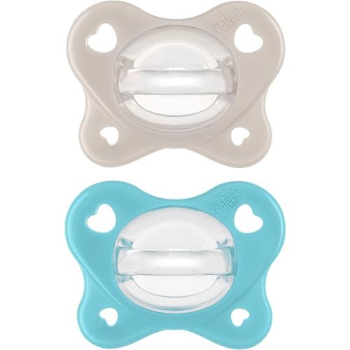 Chicco PhysioForma® Dual Soft One-Piece Orthodontic Silicone Pacifier for Babies 6-16 Months | BPA & Latex Free | Reusable Case | Grey/Ultramarine, 2pk