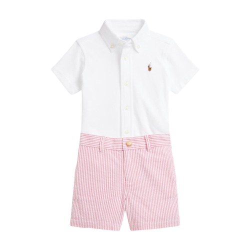 Short Sleeve Cotton Piqué Button-Down Shirt & Seersucker Shorts Set, 9M- Only 2 left