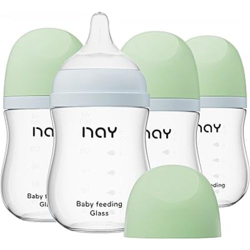 BPA FREE Natural Glass Baby Bottle Wide Neck, Anti-Colic Baby Bottle, Clear, 5.4oz(Pack of 4), Includes 4Pcs Natural Response Nipple(S), 1 Months+