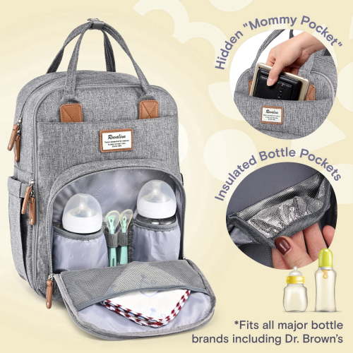 Ruvalino Baby Diaper Bag Backpack, Waterptoof Large Multifunctional Travel Bag with Extra Durable Fabric and Foldable Changing Pad included, Gray