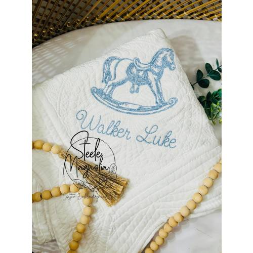 Rocking Horse Baby Blanket Personalized Baby Gift Vintage Nursery Baby Shower Gift Custom Baby Blanket Vintage Nursery Decor Heirloom Quilt