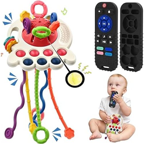 AituiTui Sensory Montessori Baby Teething Teether, Silicone Remote Control Toddler Travel Toys for 3-12 Months, Educational Learning Toys for Infant Newborn Boy Girl Birthday Gifts