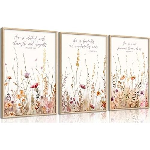 MALEDO 3Pcs Christian Nursery Canvas Wall Art Bible Verse Floral Pictures Wall Decor Boho Wildflower Nursery Posters Vintage Flower Scripture Painting Prints Artwork for Girls Room Living Room Bedroom